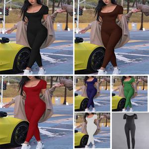 2025 봄과 여름 새로운 여성 반팔 솔리드 컬러 꽉 점프 슈트 패션 스포츠 피트니스 레저 거리 점프 슈트