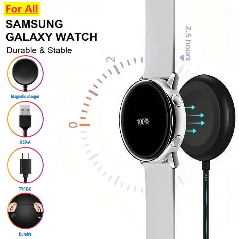 삼성 Galaxy Watch 용 무선 충전기 시계 3 4 5 6 7 8 Pro Active 2 휴대용 USB 유형 C PD 케이블 고속 충전 도킹 스테이션