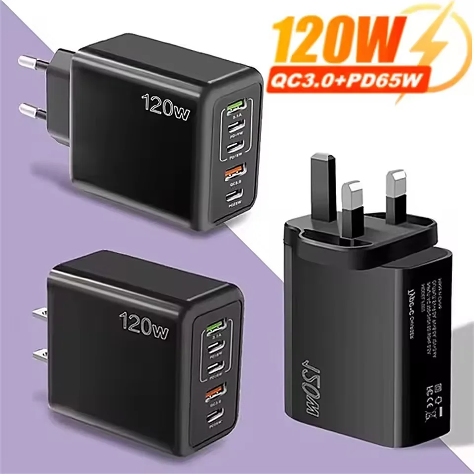 5 포트 USB 충전기 PD 고속 충전 120W 멀티 포트 USBC 고속 충전기 3.0 벽 전화 충전기 어댑터, 아이폰 16 15 삼성용