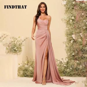 Findthat 여성용 원 숄더 신부 들러리 드레스, 슬릿 2024, 우아한 실크 새틴 사이드 트레인 지퍼 백 이브닝 무도회 가운