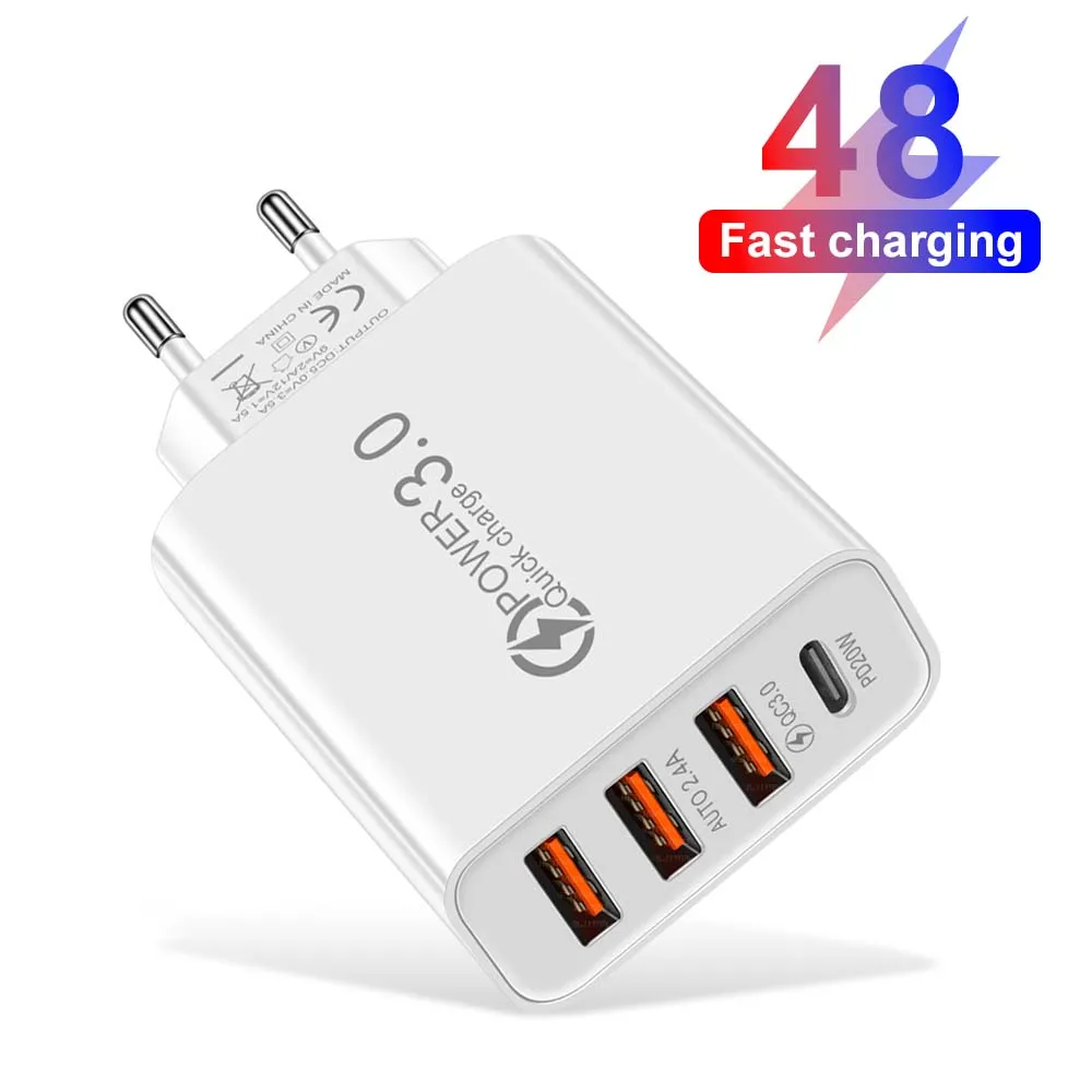 48 USB 충전기 QC 3.0 유형 C PD iPhone 12 13 Max 용 고속 충전 Samsung S21 Huawei Xiaomi 휴대 전화 EU/US 플러그 벽 충전기