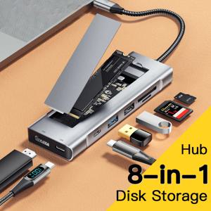디스크 저장 기능이 있는 8-in-1 USB 허브 SSD M.2 SATA NVME USB 타입 C에서 HDMI 호환 도킹 스테이션 맥북 에어 M1 M2용