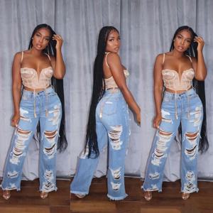 청바지 여성 긴 바지 우아한 스플 라이스 데님 바지 슬림 피트 섹시한 구멍 높은 허리 버튼 포켓 스트레이트 바지 여름 2024