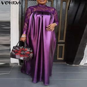 플러스 사이즈 5XL VONDA 우아한 여성 레이스 패치 워크 새틴 맥시 드레스 2025 가을 긴 소매 스탠드 칼라 롱 드레스 캐주얼 가운