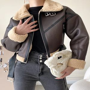 Ailegogo 가을 겨울 여성 레트로 느슨한 두꺼운 따뜻한 가짜 양고기 모피 코트 streetwear 여성 스플 라이스 지퍼 벨트 자켓 아웃웨어