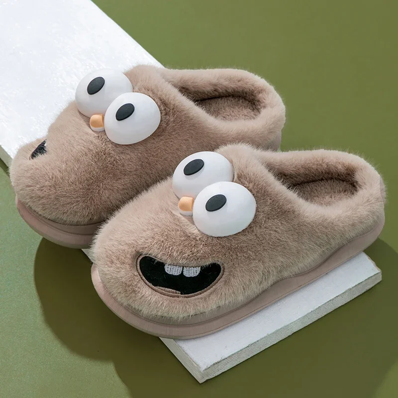 새로운 재미 있은 만화 겨울 부드러운 단독 망 실내 바닥 미끄럼 방지 플랫폼 슬라이드 따뜻한 플러시 슬리퍼 남성 홈 캐주얼 면화 신발