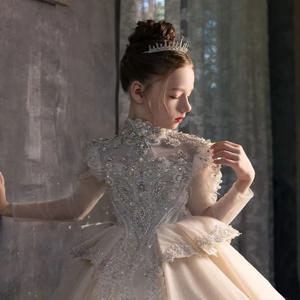 질 위시 J122 럭셔리 비즈 아이보리 레이스 아랍 소녀 드레스 공주 긴팔 웨딩 생일 파티 이브닝 볼 가운