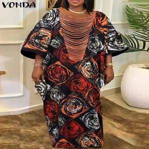 플러스 사이즈 VONDA 여성 Foral 인쇄 보헤미안 맥시 드레스 2025 인과 퍼프 슬리브 Sundress Holiday Eelgant Vestido NO Tassel