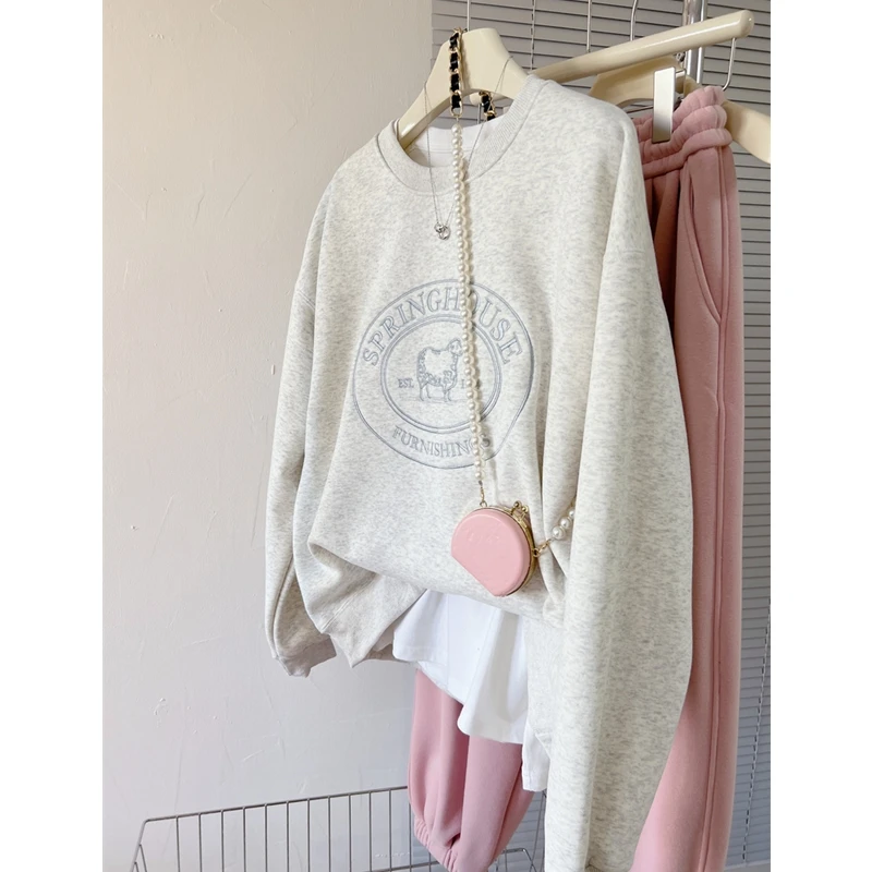 기모 도톰 램 레터링 자수 심플 모던 가을 겨울 신상 상의 여 한국판 루즈핏 맨투맨 후드티