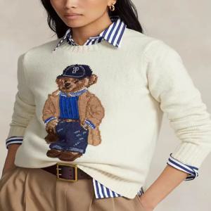 새로운 2024 가을 겨울 풀오버 스웨터 여성 캐시미어 니트 탑 베어 프린트 따뜻한 풀오버 한국 패션 세련된 여성 의류