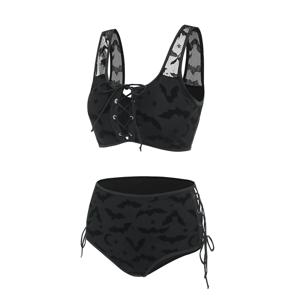 Dressfo 여성용 고딕 비키니 수영복 박쥐 초승달 스타 프린트 수영복 Cinched Mesh 레이스 업 컷 아웃 수영복 2 피스 세트