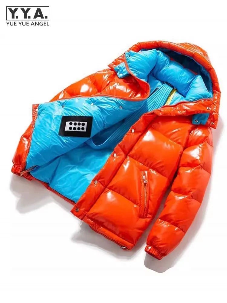 남성용 두껍고 따뜻한 90% 화이트 덕 다운 재킷, 밝은 PU 가죽 오버코트, 스트리트웨어, 후드 아우터 코트, 겨울 패션