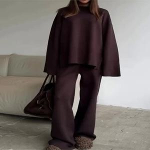 여성용 단색 니트 스웨터 투피스 세트, 루즈한 O넥 뜨게 풀오버 바지 세트, 심플한 스타일, 2025 패션