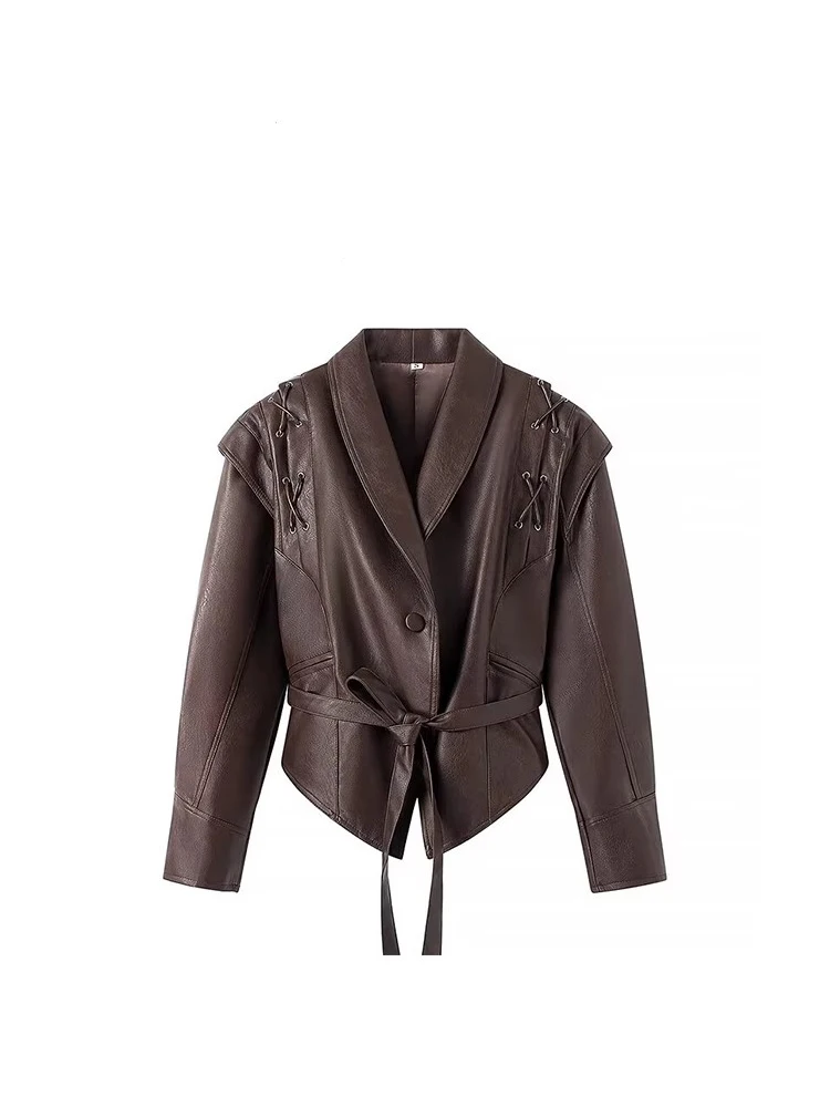 Mauroicardi 봄 가을 짧은 레트로 브라운 Pu 가죽 자켓 여성 새시 레이스 업 럭셔리 디자이너 Emo 의류 유럽 패션