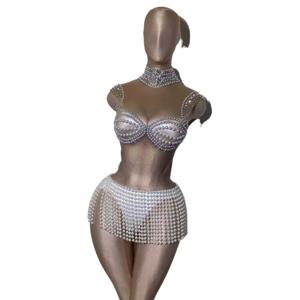 섹시한 스트레치 원피스 의상 복장 럭셔리 이브닝 가운과 생일 파티 및 무대 공연을위한 매력적인 진주 점프 슈트