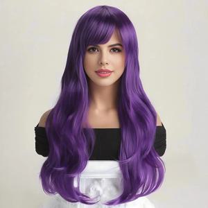 여성용 할로윈 코스프레를 위한 옆으로 휩쓸린 앞머리가 있는 보라색 긴 곱슬머리 합성 가발, 일일 고온 실크 가발