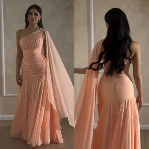 맞춤형 쉬폰 플리츠 비즈 A라인 원 숄더 롱 드레스 맞춤형 행사 댄스 파티 절묘한 공식 매칭