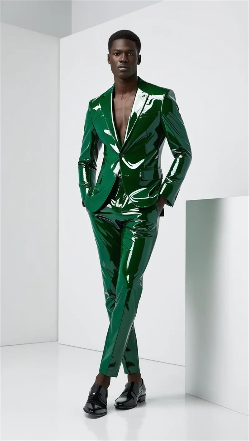 녹색 PU 가죽 남성 정장 세트 2 조각 블레이저 + 바지 바지 웨딩 턱시도 남성 댄스 파티 코트 맞춤형 공식 오피스 자켓