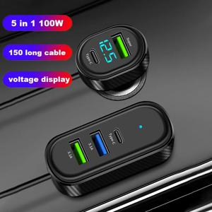 5포트 100W USB Type-C 전면 및 후면 확장 차량용 충전기(1.5M 연장 케이블 포함) 전화용 고속 충전 전원 어댑터