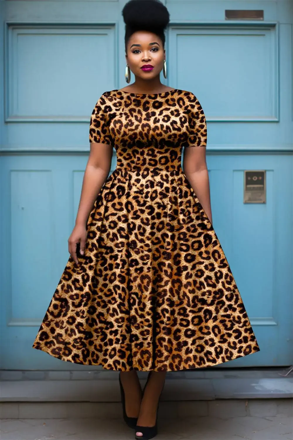 여성 플러스 사이즈 레오파드 프린트 드레스 라운드 넥 짧은 소매 a 라인 Pleated 우아한 빈티지 하이 스트리트 이브닝 드레스 2025
