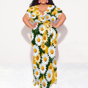 플러스 사이즈 꽃 데이지 프린트 랩 맥시 드레스 여름 휴가 여성을위한 우아한 롱 드레스