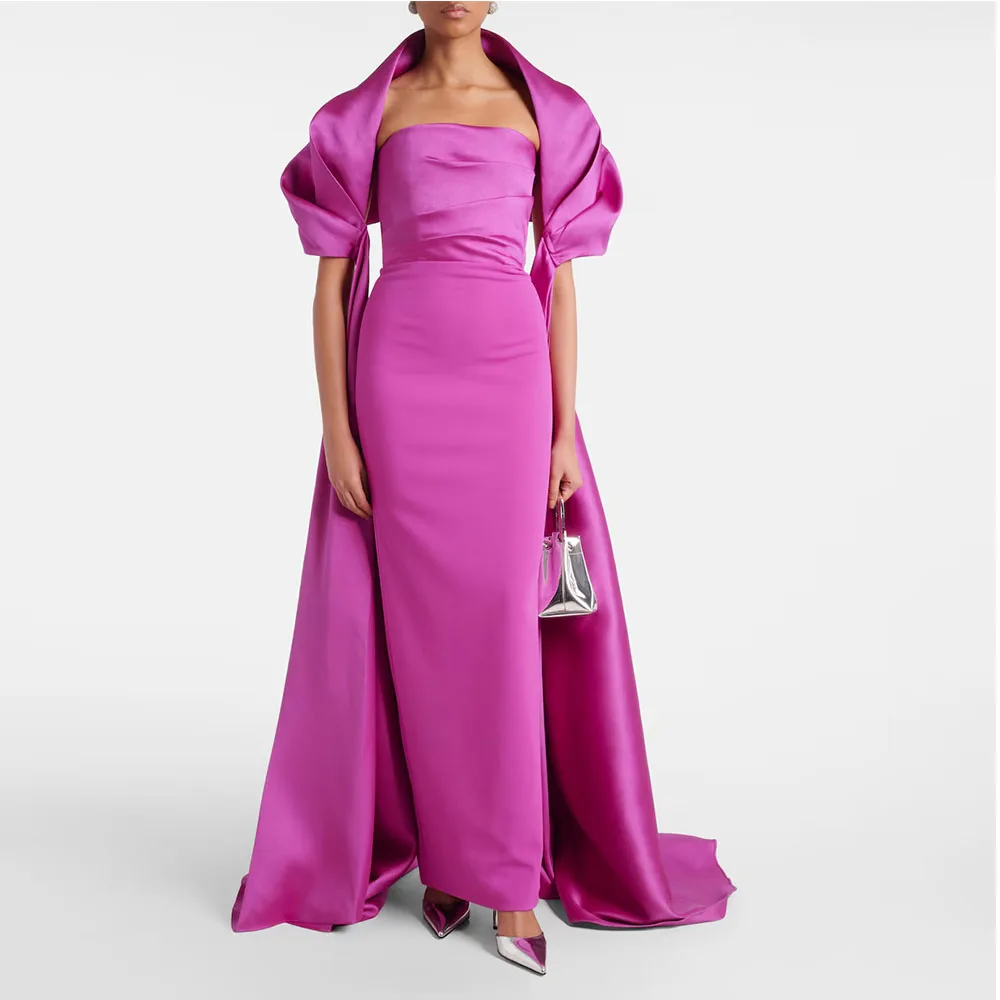 Strapless 새틴 이브닝 가운 인어 공식 파티 드레스 바닥 길이 민소매 댄스 파티 드레스와 목도리 사우디 드레스