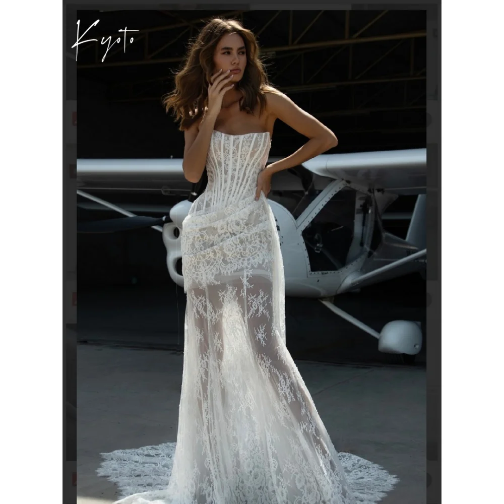 교토 맞춤 주름 레이스 플라워 쉬스 웨딩드레스 스트랩리스 탈부착 가능한 트레인 웨딩드레스 고급스러운 이브닝 드레스