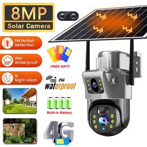 4G 8MP 태양광 CCTV 듀얼 렌즈 야외 감시 카메라 PIR 인체 감지 방수 V380 Pro 웹캠 내장 배터리 모니터