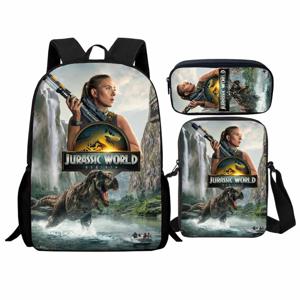 쥬라기 세계 초등학교 학생 배낭 3 피스 세트 만화 배낭 어깨 가방 연필 가방 쥬라기 세계 다시 태어난