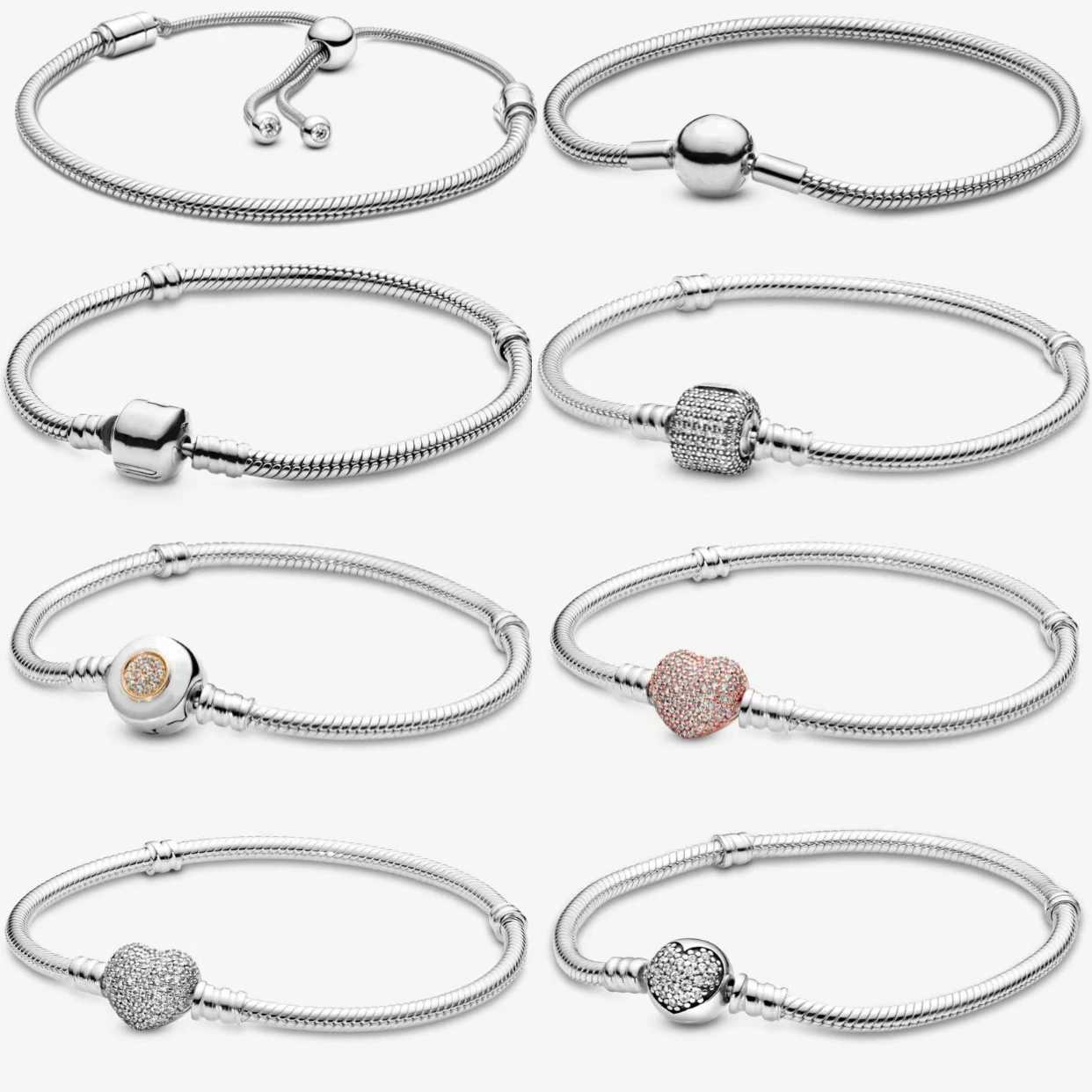 핫세일 925% 스털링 실버 오리지널 하트 모양 사각형 원형 클래스프 스네이크 체인 참 브레이슬릿 여성용 파인 주얼리