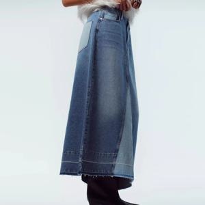 하이웨이스트 미디 데님 스커트 여성 패션 패치워크 스타일 캐주얼 하이 폴리에스터 섬유 스트레이트 컷 H라인 스커트