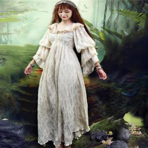 티이하일리 봄 여름 여성 레이스 드레스 안감 랜턴 소매 롱 맥시 여성 A라인 하이웨이스트 S-L 빈티지 여성 베이지