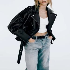 봄 신상 레트로 오토바이 스타일 루즈핏 PU 가죽 긴팔 블랙 라펠 재킷 여성 패션 아우터웨어 34278