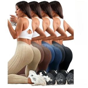 여성용 샌드 워시드 골지 레깅스 하이웨이스트 요가 레깅스 V자형 허리밴드 피치 부티 리프팅 피트니스 운동복