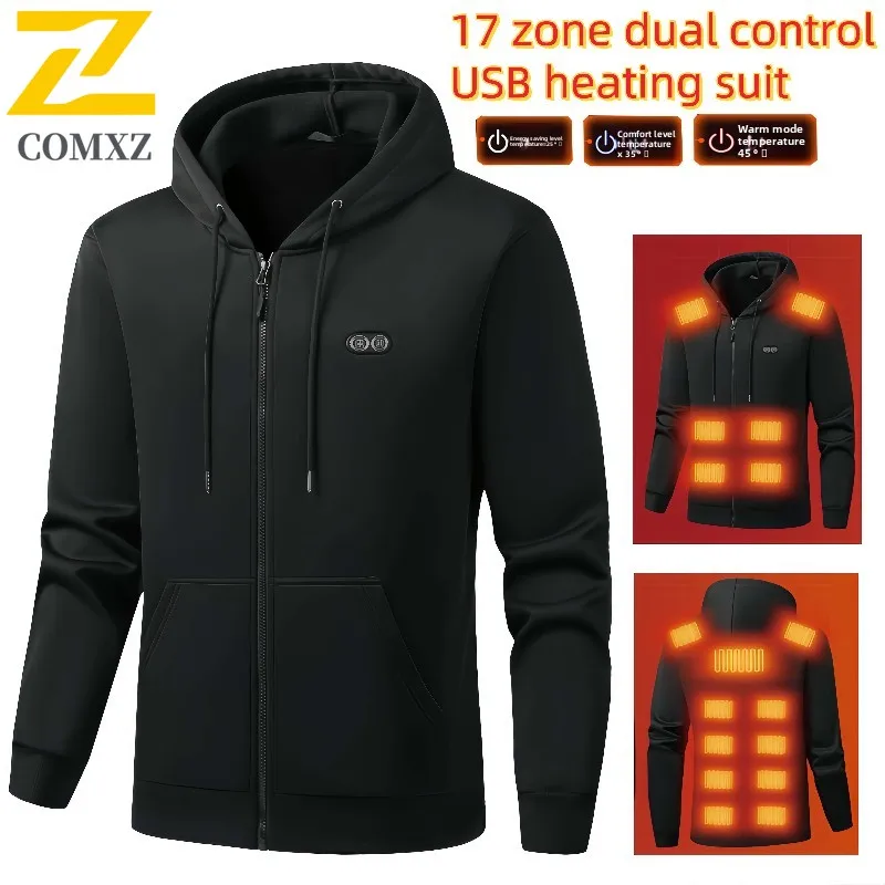 17존 발열 후드티 2025 신상 남성 후드 플리스 두꺼운 방한 보온 USB 발열 후드티 아웃도어 스포츠 캠핑 재킷