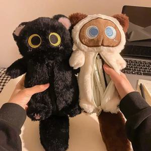 만화 플러시 큰 눈 고양이 연필 케이스 슈퍼 부드러운 재미 인형 대용량 연필 가방 다기능 편지지 보관 가방
