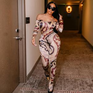 CUTENOVA 가을 새로운 다채로운 인쇄 여성 점프 슈트 원 숄더 Strapless 긴 소매 슬림 피트 탄성 발목 점프 슈트 여성