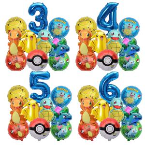 10pcs 포켓몬 풍선 세트 피카추 포켓몬 공 풍선 32inch 블루 번호 풍선 1-9 어린이를위한 1-9th 생일 파티 장식