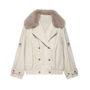 2025년 가을 신상 여성 캐주얼 패션 기품 있는 짧은 퍼 스플라이싱 더블 브레스티드 트렌치 코트 재킷