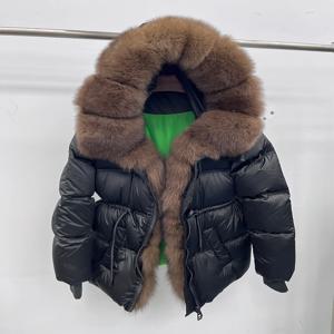 2025 패션 여성 겨울 천연 리얼 폭스 퍼 칼라 후드 두꺼운 구스 다운 재킷 여성 아우터 따뜻한 푸퍼 코트