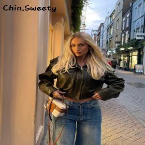 스트리트 빈티지 포켓 크롭 가죽 재킷 여성 루즈 스탠드 칼라 긴 소매 지퍼 코트 2025 가을 여성 시크 아우터웨어 신상