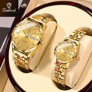 BINBOND 패션 커플 시계 다이아몬드 발렌타인 데이 연인 선물 스테인레스 스틸 방수 시계 남성 여성 쿼츠 시계 2개 세트