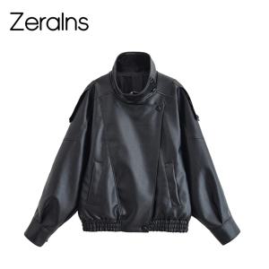 ZERAINS 가을 새로운 여성 의류 유럽과 미국 패션 느슨한 모조 가죽 긴 소매 스탠드 칼라 자켓