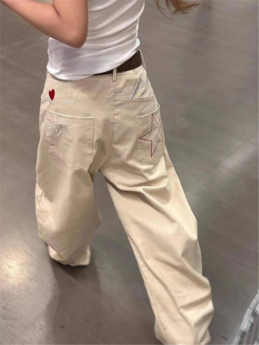 레트로 아메리칸 스타 레터 자수 청바지 남녀 가을 하이 스트리트 스트레이트 루즈 와이드 레그 팬츠 코튼 데님 청바지