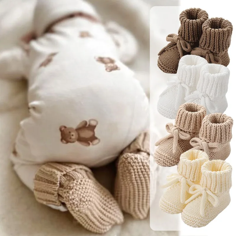 아기 신발 니트 유아용 침대 신발 0-12개월 귀여운 턴다운 통기성 신생아 남아 여아 워킹 부츠 패션 솔리드 밴디지