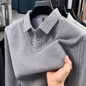 남성용 겨울 페이크 투피스 벨벳 및 두꺼운 셔츠 칼라 캐주얼 통합 벨벳 티셔츠