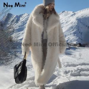 네오 민트 2025 겨울 브랜드 패션 러시아 소녀 스타일 벨트 맥시 퍼 코트 여성 인조 양털 재킷 핫 청키 아우터웨어