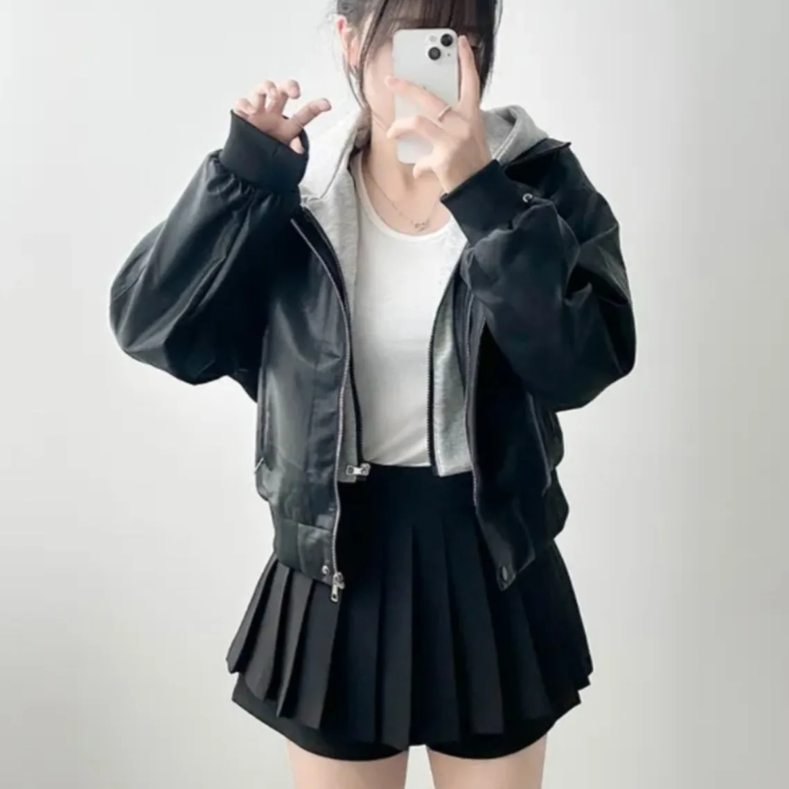 루즈 캐주얼 여성 재킷 레트로 가을 겨울 후드 스플라이싱 스웨트셔츠 가죽 코트 탑 시크 페이크 투피스 앙상블