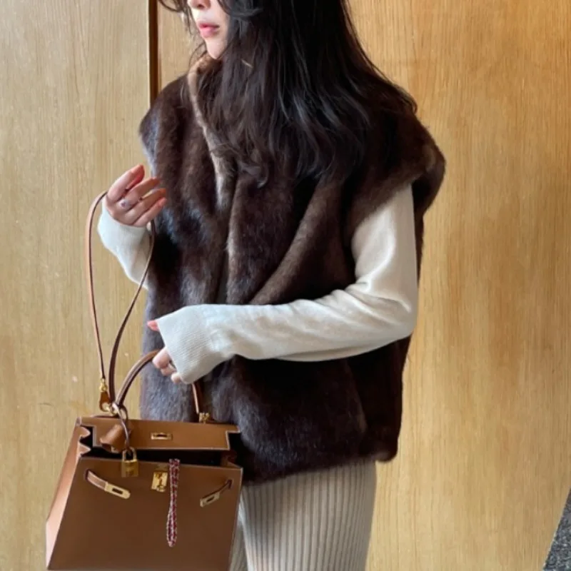 시크 빈티지 가을 겨울 스탠드 칼라 밍크 퍼 루즈핏 다용도 솔리드 컬러 퍼 베스트 가디건 여성용 출퇴근 스타일 아우터웨어