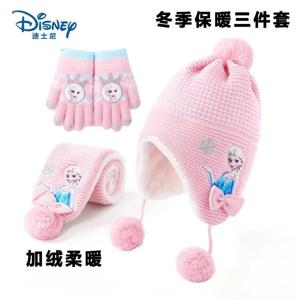 디즈니 겨울왕국 엘사 2025 겨울 세트, 여아용 3종 공주 모자, 스카프, 장갑, 플러시 따뜻한 니트 액세서리